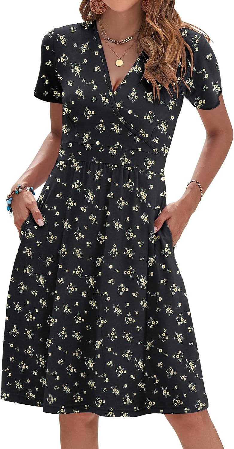 AUSELILY Womens Summer Dresses 2026 Short Sleeve V Neck Faux Wrap Dress | Surplice front, Pockets set into the skirt, Vacation dress for sightseeing, Style low heels with simple jewelry