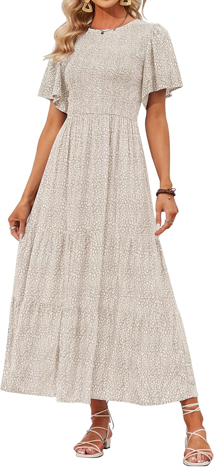 ZESICA Women's Summer Boho Floral Smocked Short Sleeve Maxi Dress | Tiered, Flowy, Elastic Waist, 2026 Casual Wedding Guest Date Holiday Beach Vacation Long Dresses