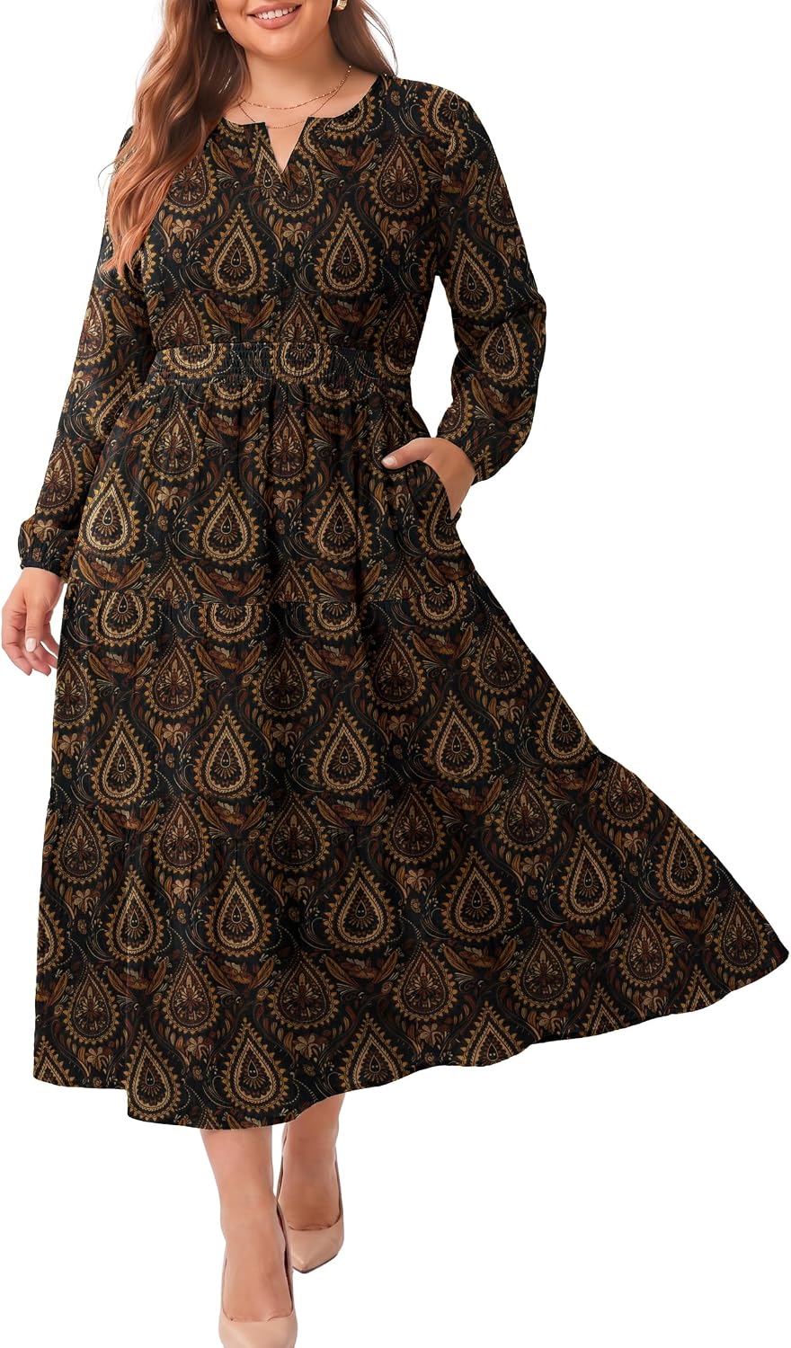 OLRIK Plus Size Fall Maxi Dress for Curvy Women Long Sleeve Pockets | Smocked Waist Tiered Skirt Deep Pockets Autumn Boho Maxi Dress for Wedding Guest Family Photo Teacher or Work Casual