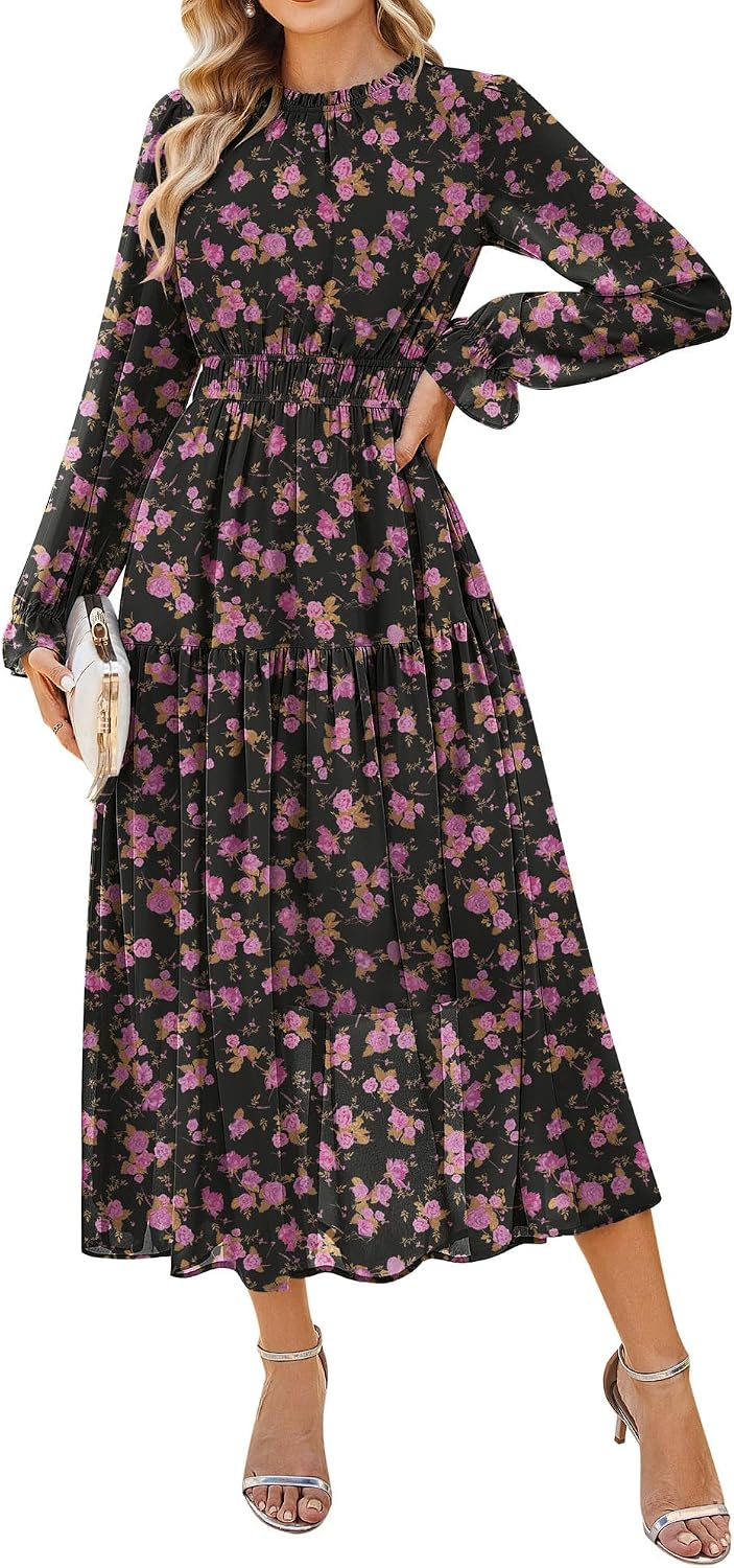 GRACE KARIN Women's Floral Long Sleeve Fall Wedding Guest Maxi Dress | 2026 Chiffon,Side Pockets,Mock Neck,Smocked Tieded,A Line Flowy Outfits Suitable for Semi Formal\/Party\/Cocktail\/Boho