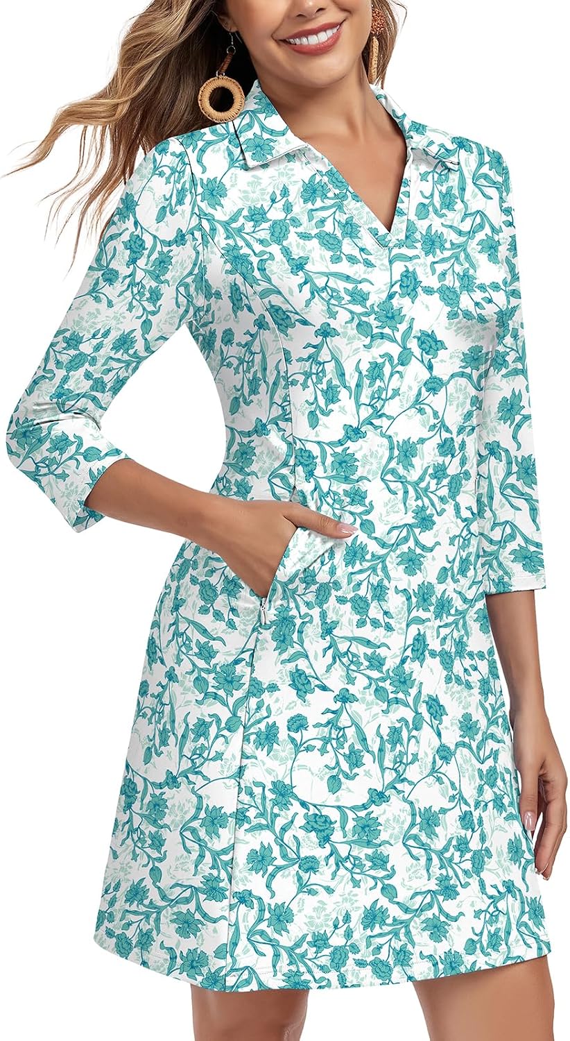 Soneven Women's 3\/4 Sleeve Dress with Pockets UPF 50+ Sun Dress Breathable Quick Dry Beach Cover Ups