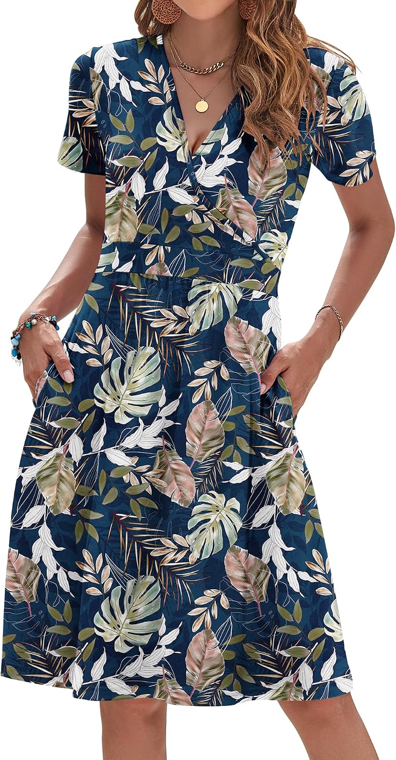 AUSELILY Womens Summer Dresses 2026 Short Sleeve V Neck Faux Wrap Dress | Surplice front, Pockets set into the skirt, Vacation dress for sightseeing, Style low heels with simple jewelry