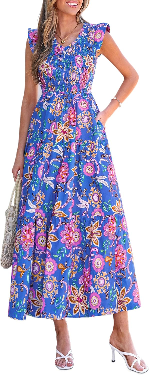 PRETTYGARDEN Women's Smocked Boho Floral Maxi Dress | V Neck Ruffle Sleeve, Long Flowy Sundress, Tiered A Line, Summer Spring Outfits for Beach Vacation, Wedding Guest, Tea Party