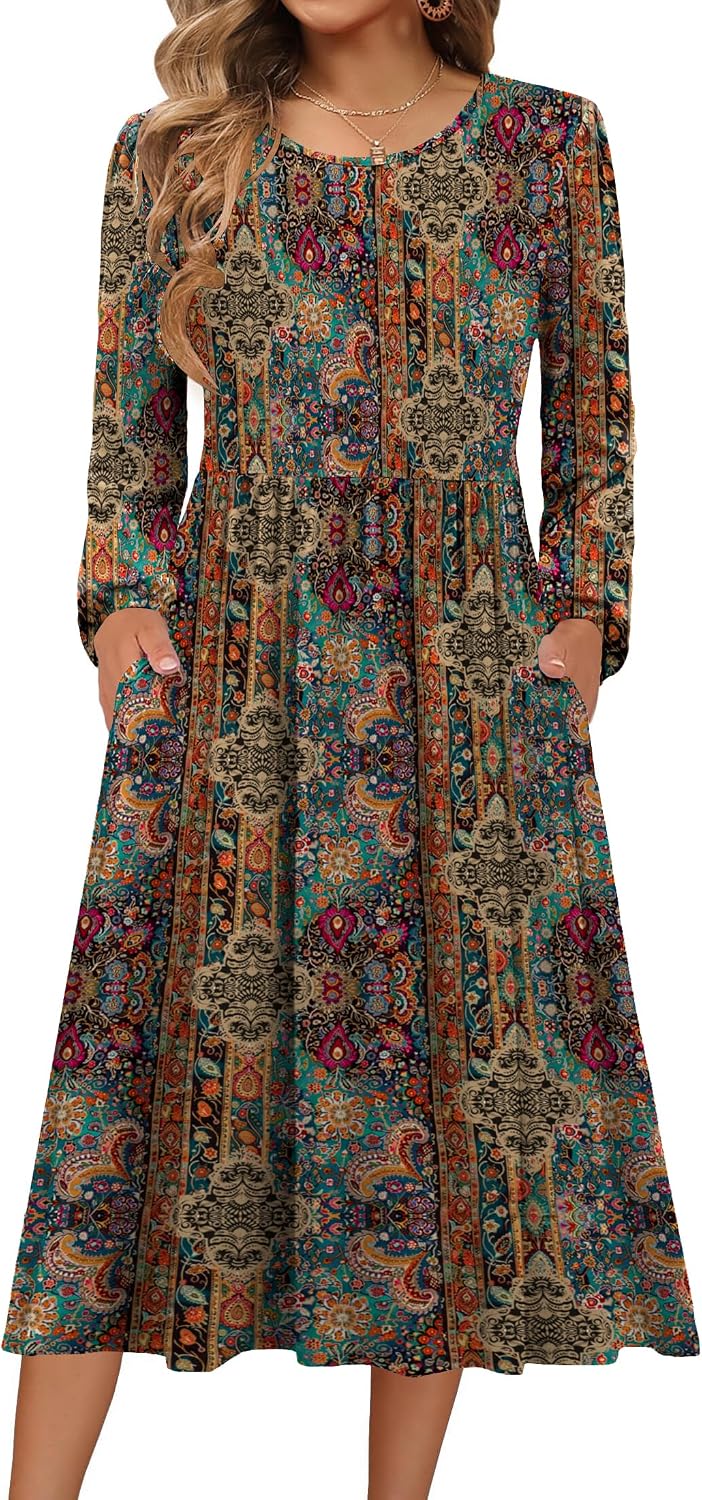 Zeagoo Long Sleeve Dresses for Women 2026 Fall Winter Casual Flowy A-Line Boho Midi Party Long Dress with Pockets