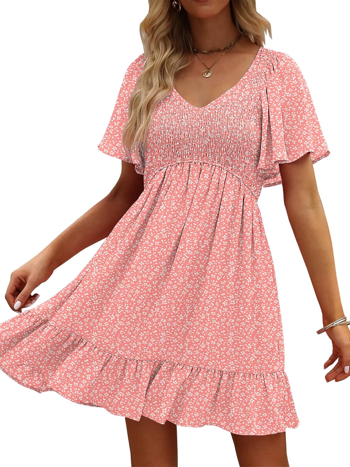 UEAL Womens Floral Smocked V Neck Casual Summer Sun Dresses | Aline, Pockets, Flowy, Cute, Empire Wiast, Flutter Sleeve, Knee Length, Bump Friendly, Beach Vacation, Resort Wear