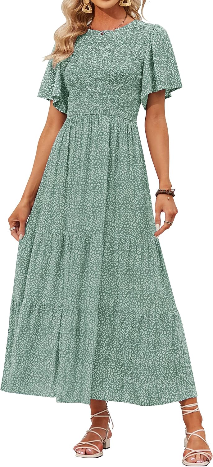 ZESICA Women's Summer Boho Floral Smocked Short Sleeve Maxi Dress | Tiered, Flowy, Elastic Waist, 2026 Casual Wedding Guest Date Holiday Beach Vacation Long Dresses