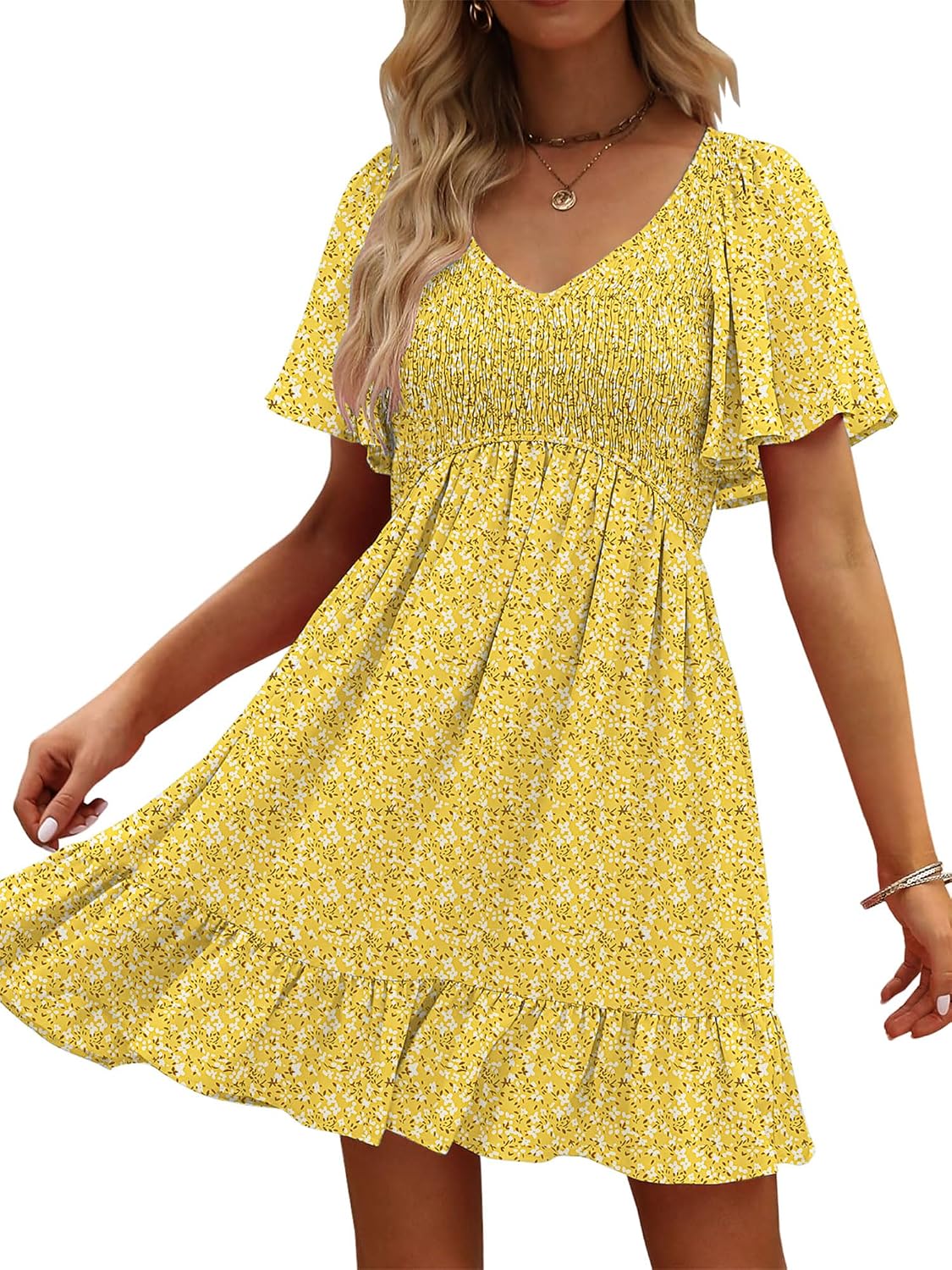 UEAL Womens Floral Smocked V Neck Casual Summer Sun Dresses | Aline, Pockets, Flowy, Cute, Empire Wiast, Flutter Sleeve, Knee Length, Bump Friendly, Beach Vacation, Resort Wear