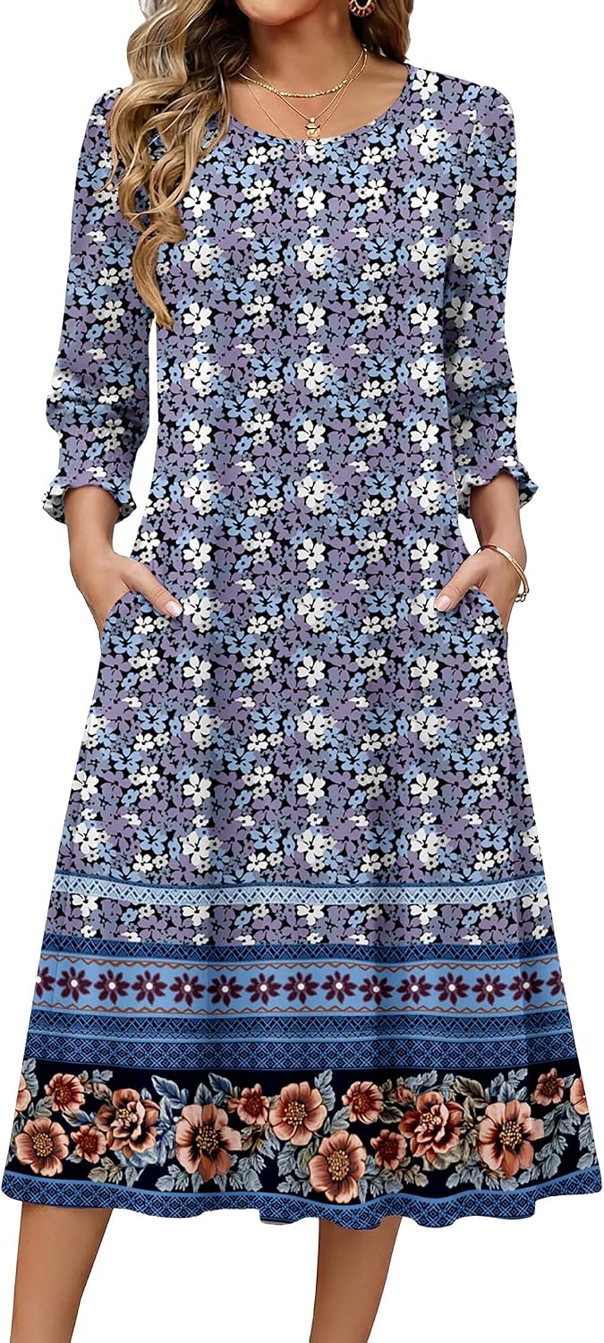 Zeagoo Summer Dresses for Women 2026 3\/4 Sleeve Dress for Women Floral Midi Dresses for Casual Womens Dresses with Pockets