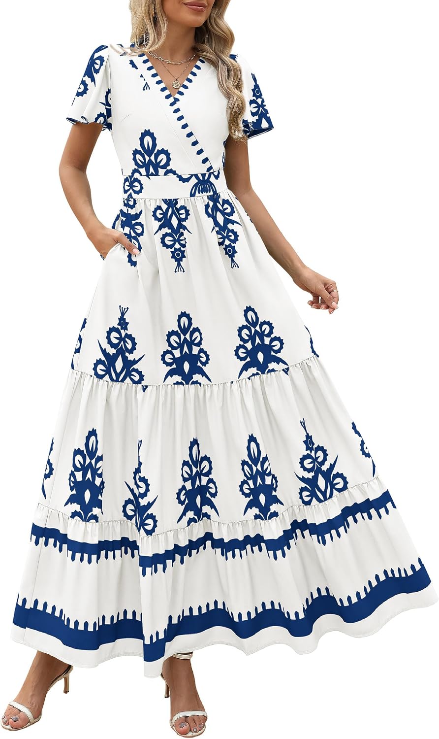 PRETTYGARDEN Womens Floral Boho Maxi Dress | Flutter Short Sleeve,Vneck Wrap,Tiered Ruffle,A Line Flowy Dresses,with Pockets,Summer Wedding Guest Beach Vacation Clothes