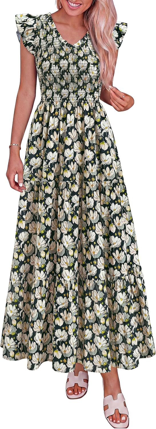 PRETTYGARDEN Women's Smocked Boho Floral Maxi Dress | V Neck Ruffle Sleeve, Long Flowy Sundress, Tiered A Line, Summer Spring Outfits for Beach Vacation, Wedding Guest, Tea Party