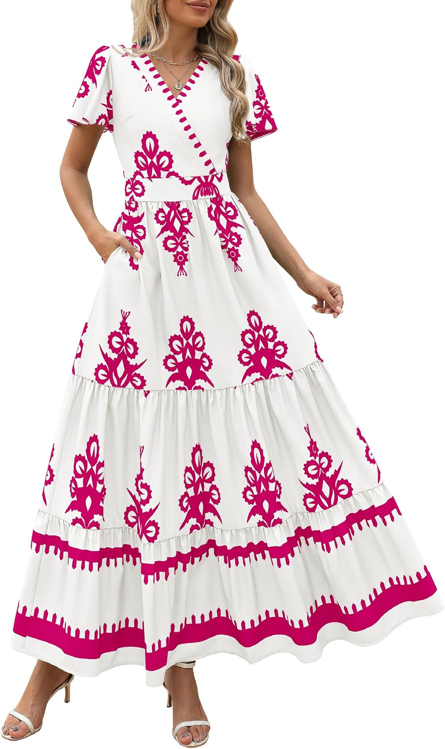 PRETTYGARDEN Womens Floral Boho Maxi Dress | Flutter Short Sleeve,Vneck Wrap,Tiered Ruffle,A Line Flowy Dresses,with Pockets,Summer Wedding Guest Beach Vacation Clothes