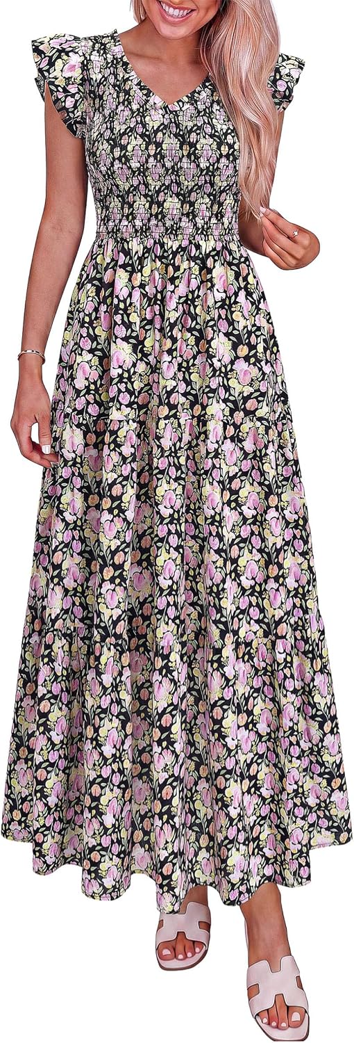 PRETTYGARDEN Women's Smocked Boho Floral Maxi Dress | V Neck Ruffle Sleeve, Long Flowy Sundress, Tiered A Line, Summer Spring Outfits for Beach Vacation, Wedding Guest, Tea Party
