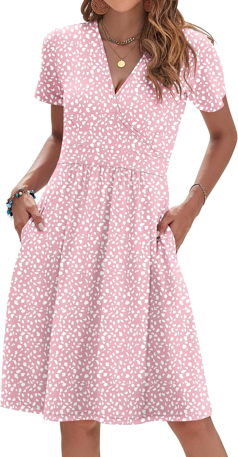 AUSELILY Womens Summer Dresses 2026 Short Sleeve V Neck Faux Wrap Dress | Surplice front, Pockets set into the skirt, Vacation dress for sightseeing, Style low heels with simple jewelry