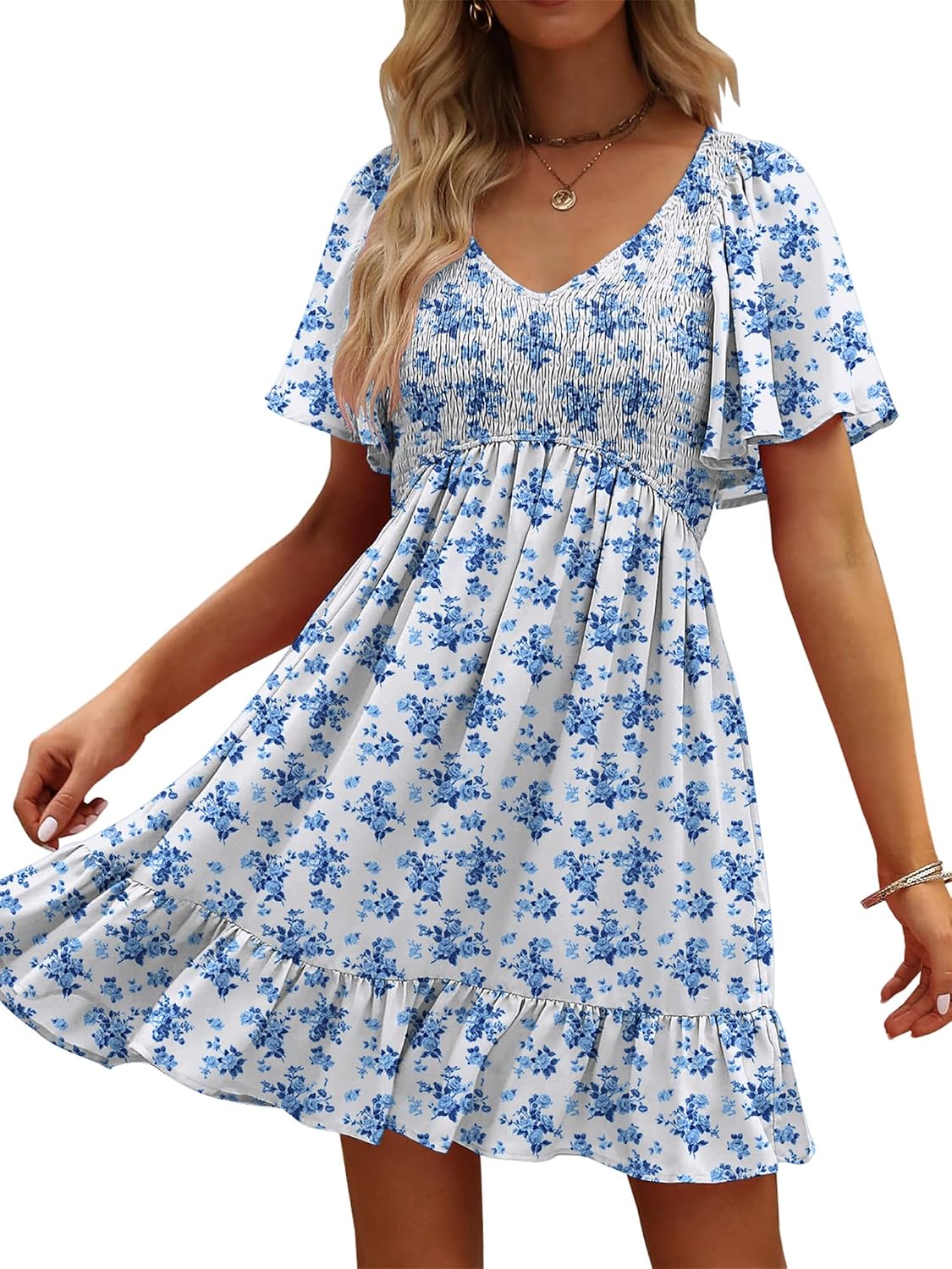 UEAL Womens Floral Smocked V Neck Casual Summer Sun Dresses | Aline, Pockets, Flowy, Cute, Empire Wiast, Flutter Sleeve, Knee Length, Bump Friendly, Beach Vacation, Resort Wear