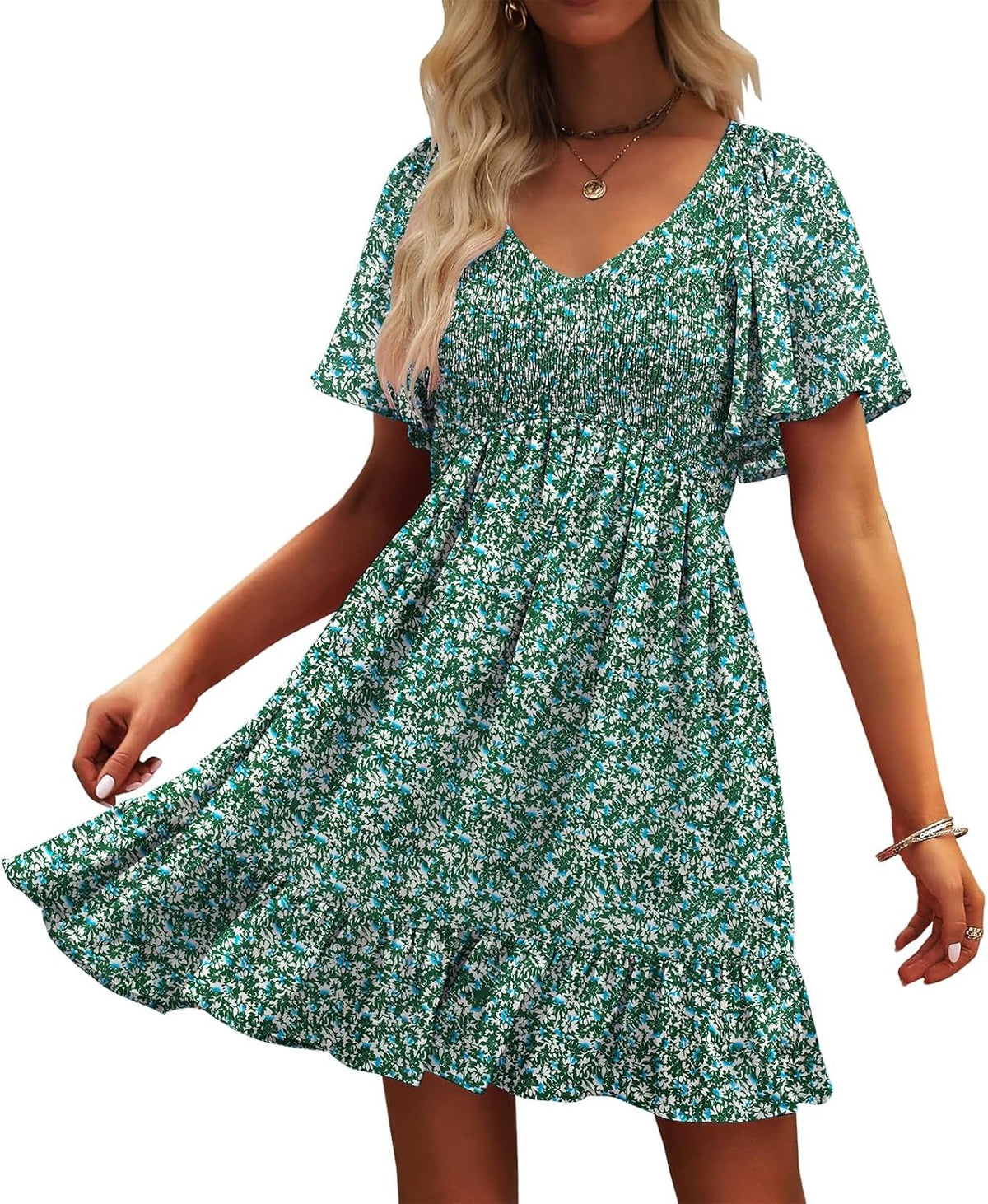 UEAL Womens Floral Smocked V Neck Casual Summer Sun Dresses | Aline, Pockets, Flowy, Cute, Empire Wiast, Flutter Sleeve, Knee Length, Bump Friendly, Beach Vacation, Resort Wear