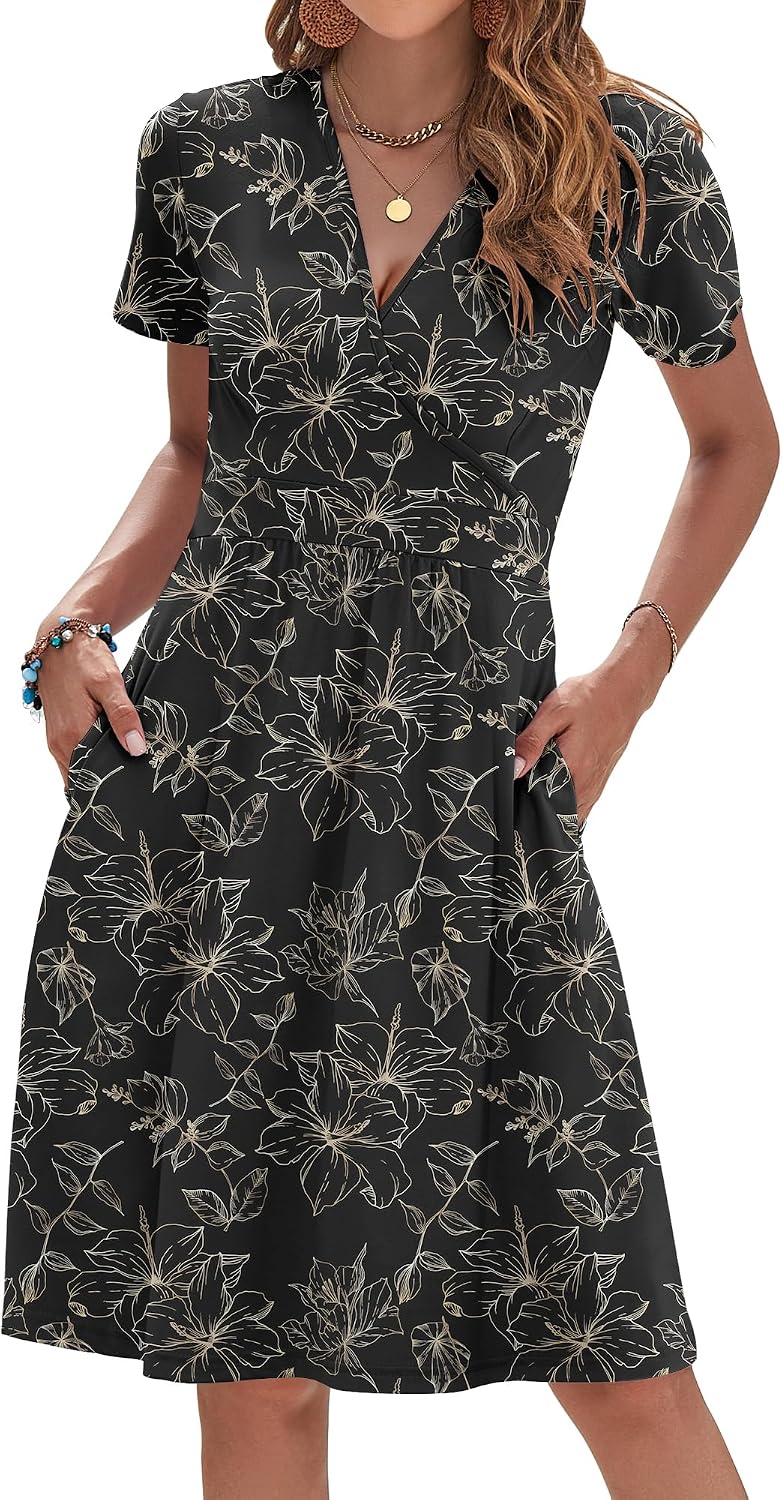 AUSELILY Womens Summer Dresses 2026 Short Sleeve V Neck Faux Wrap Dress | Surplice front, Pockets set into the skirt, Vacation dress for sightseeing, Style low heels with simple jewelry