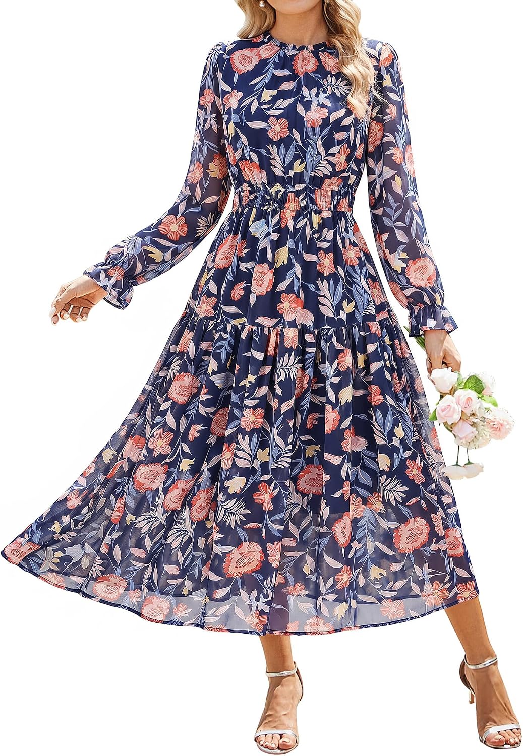 GRACE KARIN Women's Floral Long Sleeve Fall Wedding Guest Maxi Dress | 2026 Chiffon,Side Pockets,Mock Neck,Smocked Tieded,A Line Flowy Outfits Suitable for Semi Formal\/Party\/Cocktail\/Boho