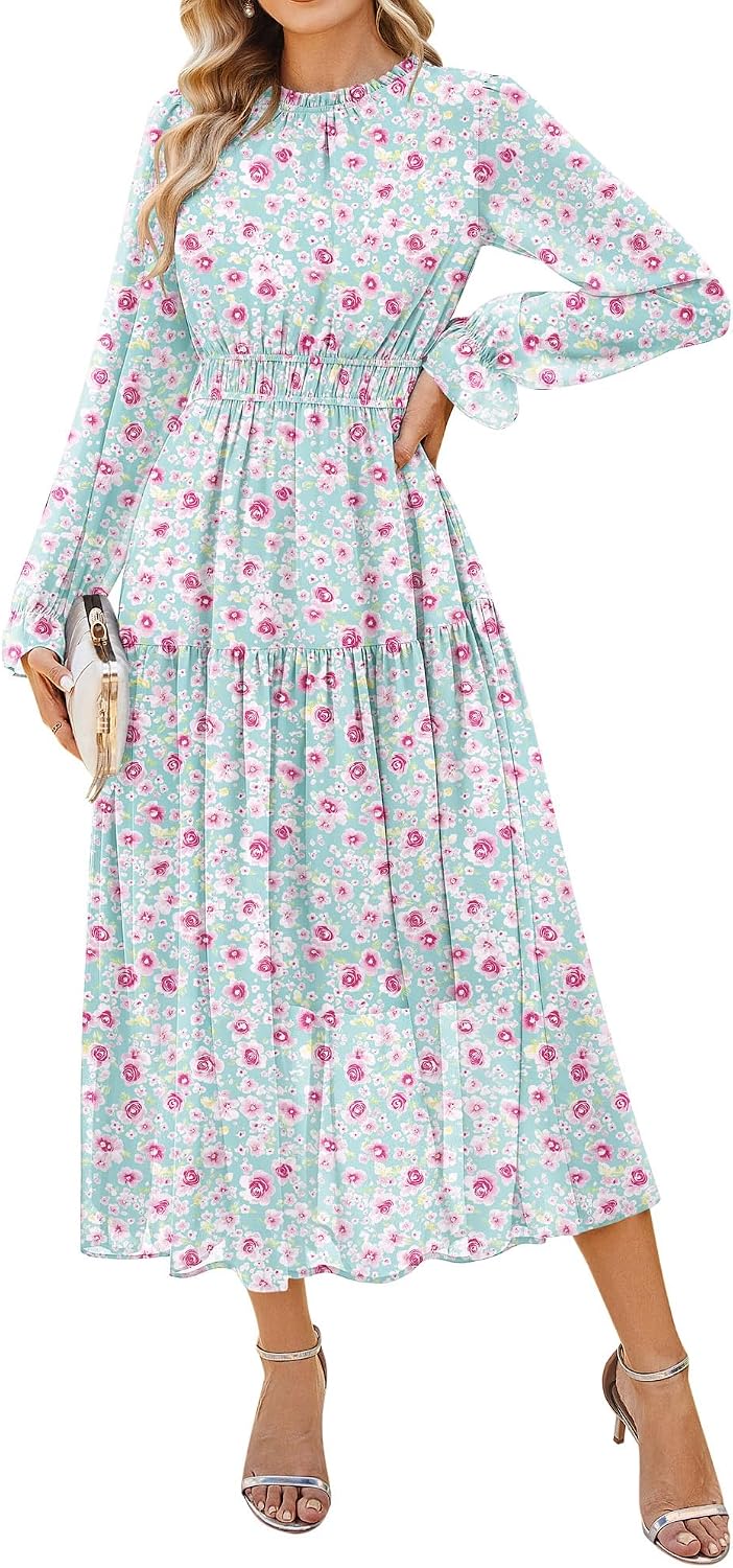GRACE KARIN Women's Floral Long Sleeve Fall Wedding Guest Maxi Dress | 2026 Chiffon,Side Pockets,Mock Neck,Smocked Tieded,A Line Flowy Outfits Suitable for Semi Formal\/Party\/Cocktail\/Boho
