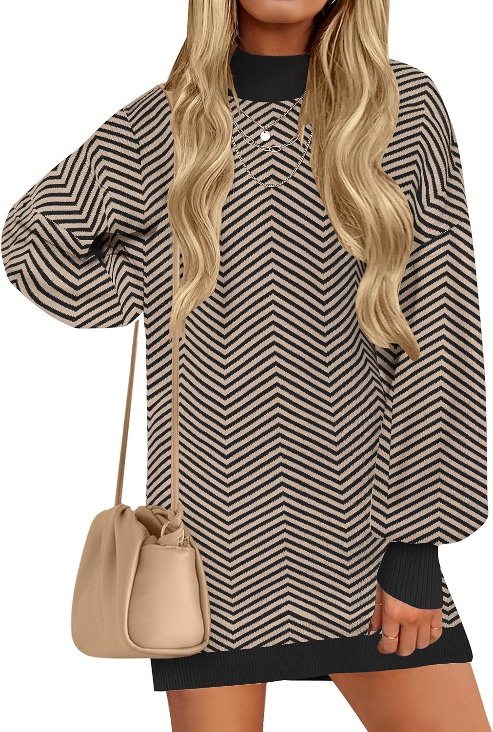 ZESICA Women's 2026 Fall Mock Neck Mini Sweater Dress Pullover Knit Dresses | Long Lantern Sleeve, Oversized, Soft, Cozy, Ribbed Knit, Elegant, 2026 Fall Fashion, Winter Dresses, Dressy Casual Clothes