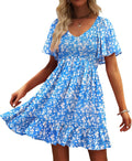 UEAL Womens Floral Smocked V Neck Casual Summer Sun Dresses | Aline, Pockets, Flowy, Cute, Empire Wiast, Flutter Sleeve, Knee Length, Bump Friendly, Beach Vacation, Resort Wear