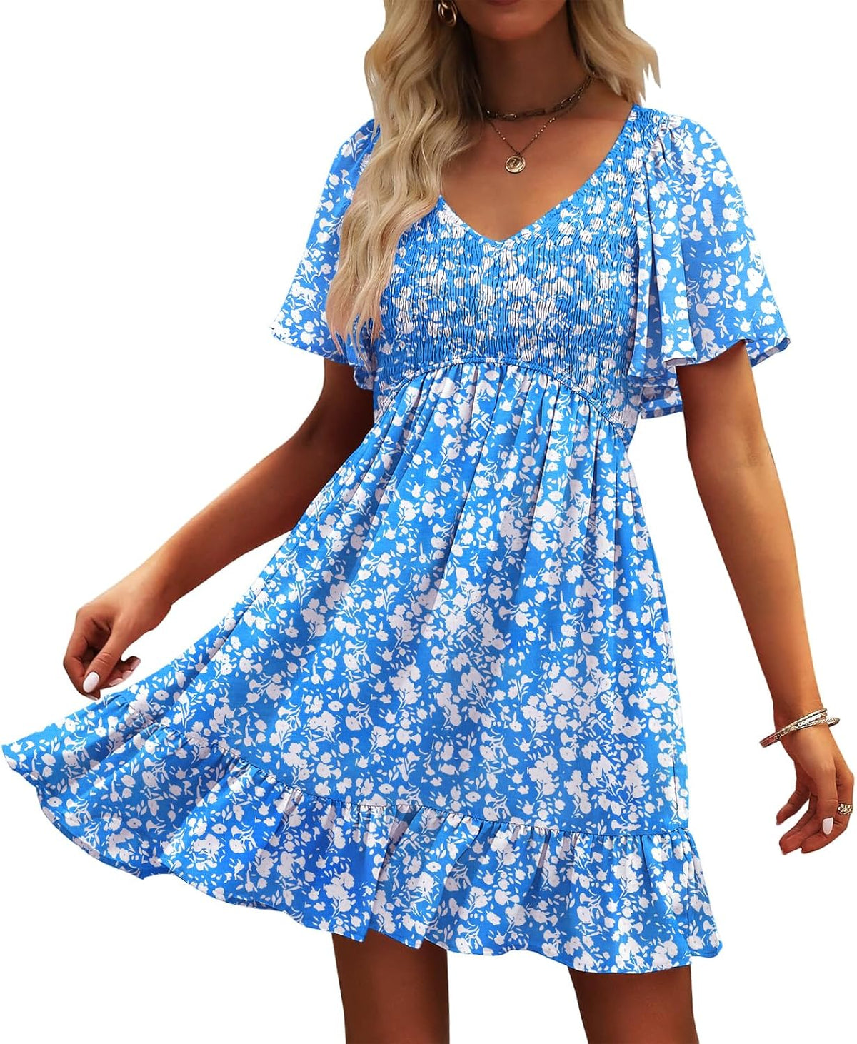 UEAL Womens Floral Smocked V Neck Casual Summer Sun Dresses | Aline, Pockets, Flowy, Cute, Empire Wiast, Flutter Sleeve, Knee Length, Bump Friendly, Beach Vacation, Resort Wear