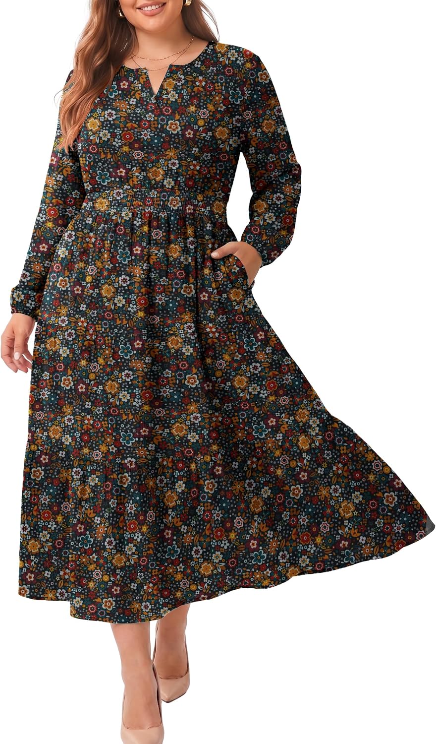 OLRIK Plus Size Fall Maxi Dress for Curvy Women Long Sleeve Pockets | Smocked Waist Tiered Skirt Deep Pockets Autumn Boho Maxi Dress for Wedding Guest Family Photo Teacher or Work Casual