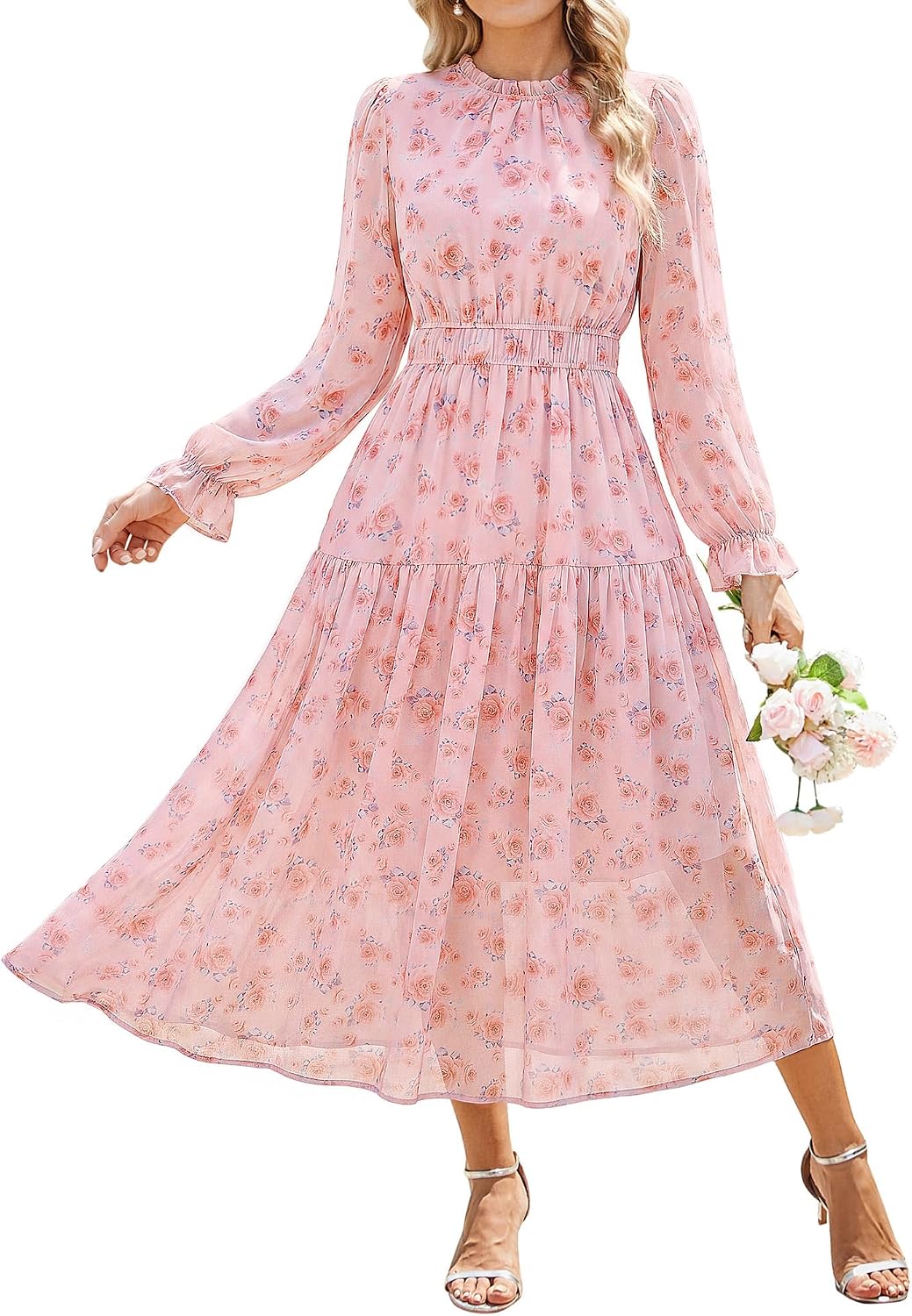 GRACE KARIN Women's Floral Long Sleeve Fall Wedding Guest Maxi Dress | 2026 Chiffon,Side Pockets,Mock Neck,Smocked Tieded,A Line Flowy Outfits Suitable for Semi Formal\/Party\/Cocktail\/Boho