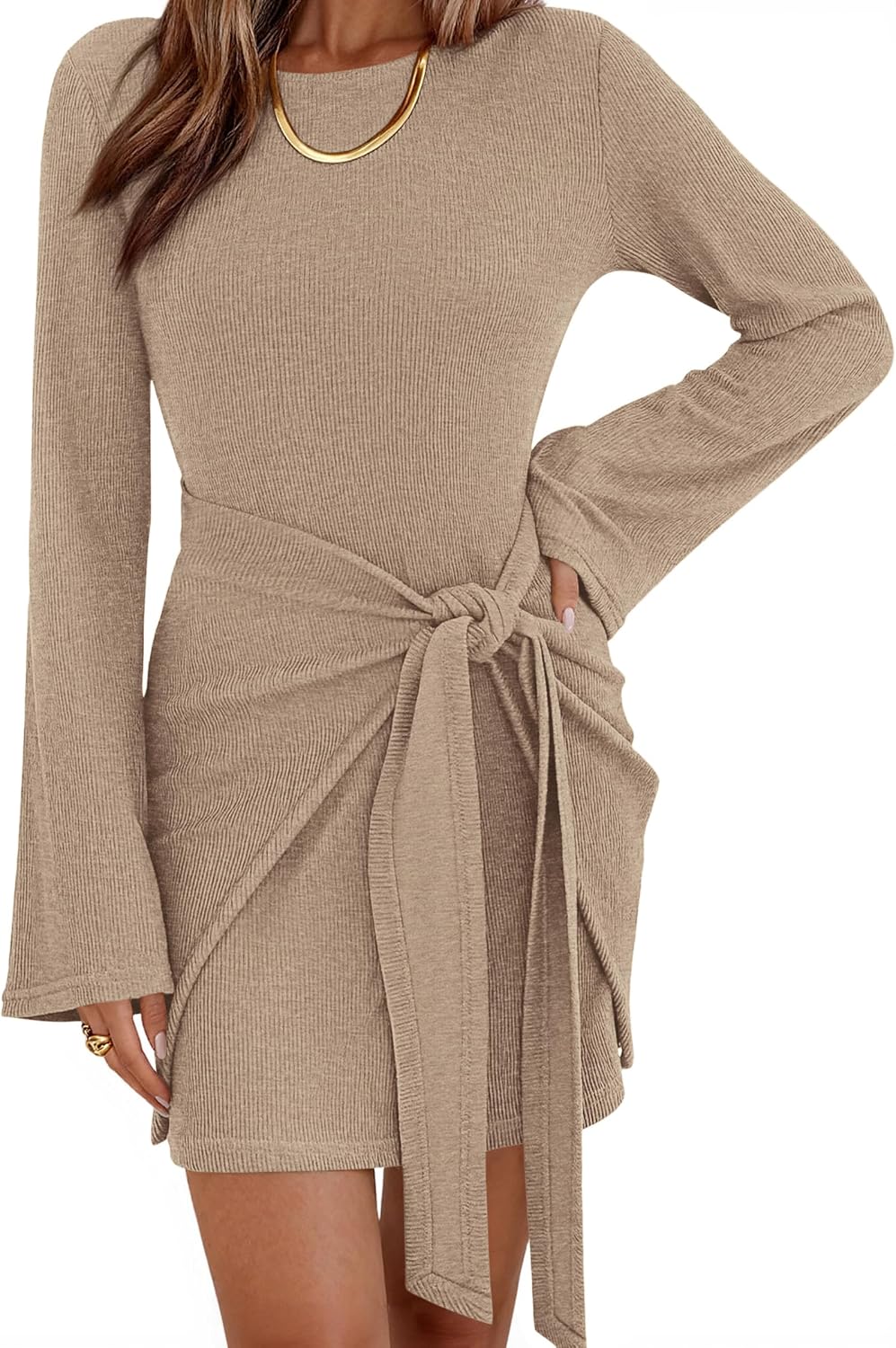 dowerme Women Bell Long Sleeve Tie Waist Bodycon Mini Dress | Casual Fall Fashion Boat Neck Short Dresses 2026,Cute Winter Tie Front Party Vacation Clothes,Soft Ribbed Knit Spring Outfits