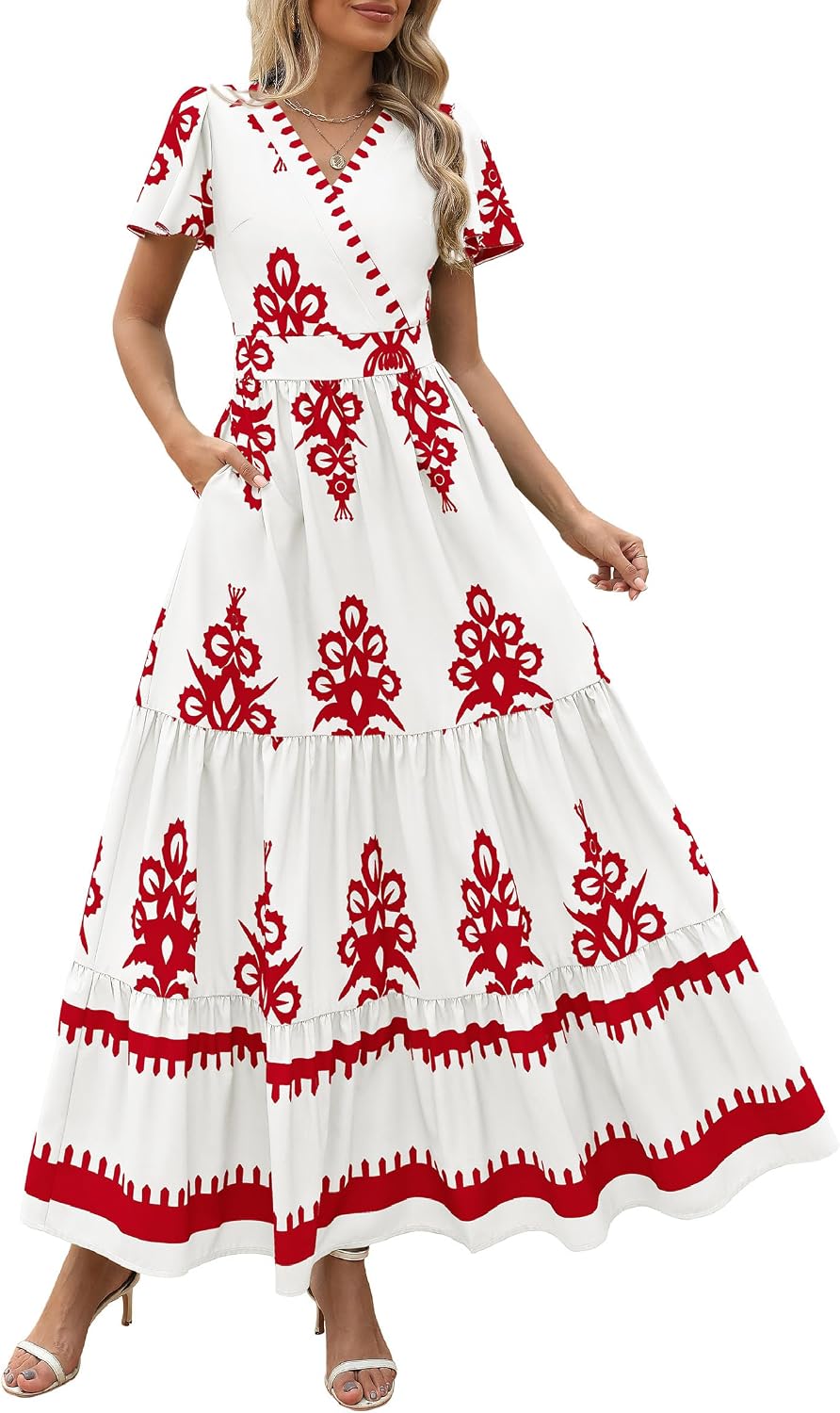 PRETTYGARDEN Womens Floral Boho Maxi Dress | Flutter Short Sleeve,Vneck Wrap,Tiered Ruffle,A Line Flowy Dresses,with Pockets,Summer Wedding Guest Beach Vacation Clothes