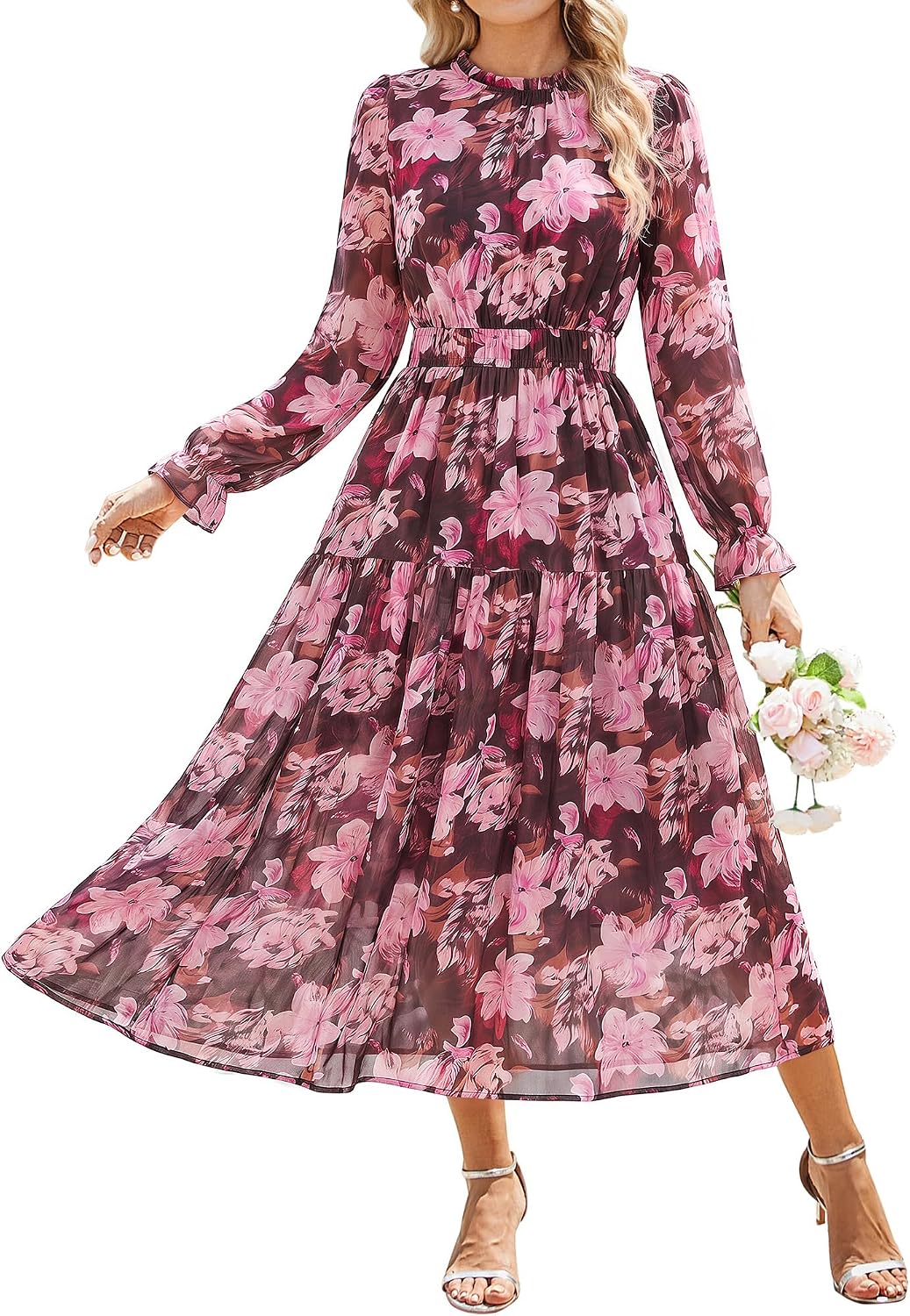 GRACE KARIN Women's Floral Long Sleeve Fall Wedding Guest Maxi Dress | 2026 Chiffon,Side Pockets,Mock Neck,Smocked Tieded,A Line Flowy Outfits Suitable for Semi Formal\/Party\/Cocktail\/Boho