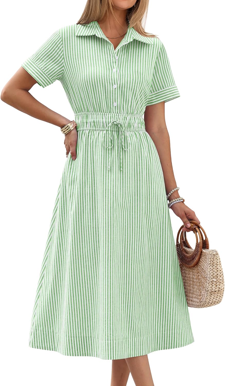 ANRABESS Women Summer Short Sleeve Midi Dress, Striped & Gingham, Casual A-Line Button Collar Shirt Dress, Beach & Vacation