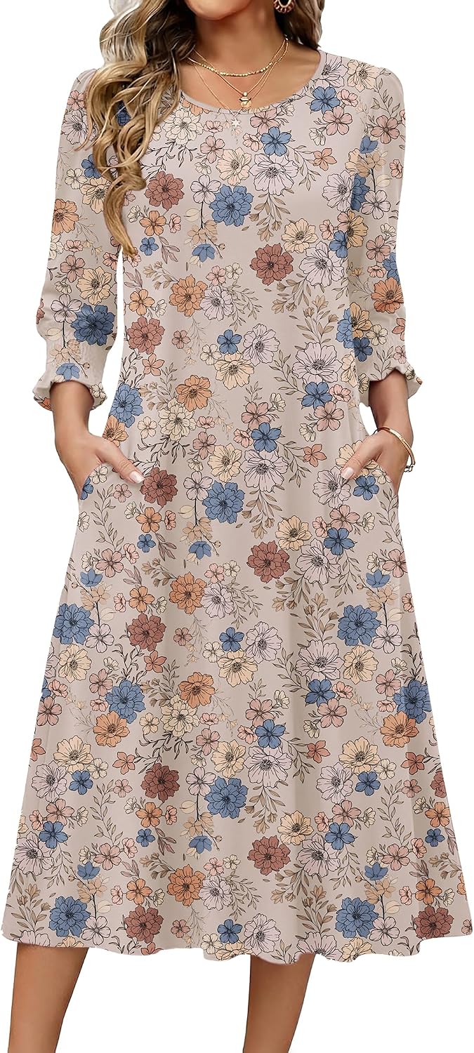 Zeagoo Summer Dresses for Women 2026 3\/4 Sleeve Dress for Women Floral Midi Dresses for Casual Womens Dresses with Pockets