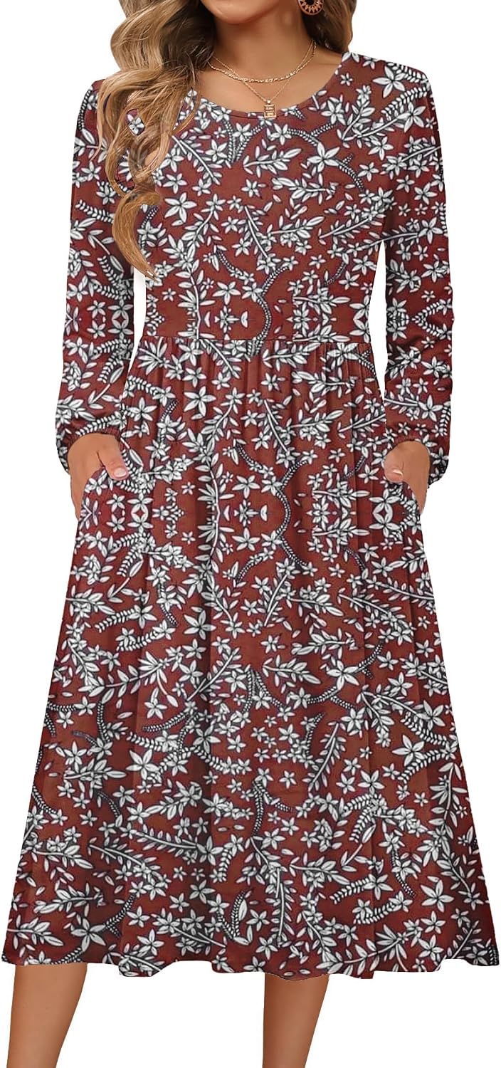 Zeagoo Long Sleeve Dresses for Women 2026 Fall Winter Casual Flowy A-Line Boho Midi Party Long Dress with Pockets