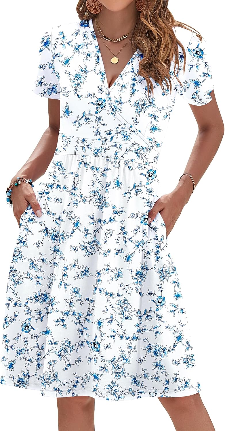 AUSELILY Womens Summer Dresses 2026 Short Sleeve V Neck Faux Wrap Dress | Surplice front, Pockets set into the skirt, Vacation dress for sightseeing, Style low heels with simple jewelry