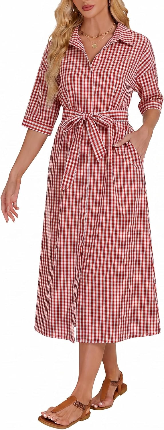 Women's 2026 Summer Gingham Maxi Dress Half Sleeve Casual Plaid Button Down Long Belted Shirt Dress