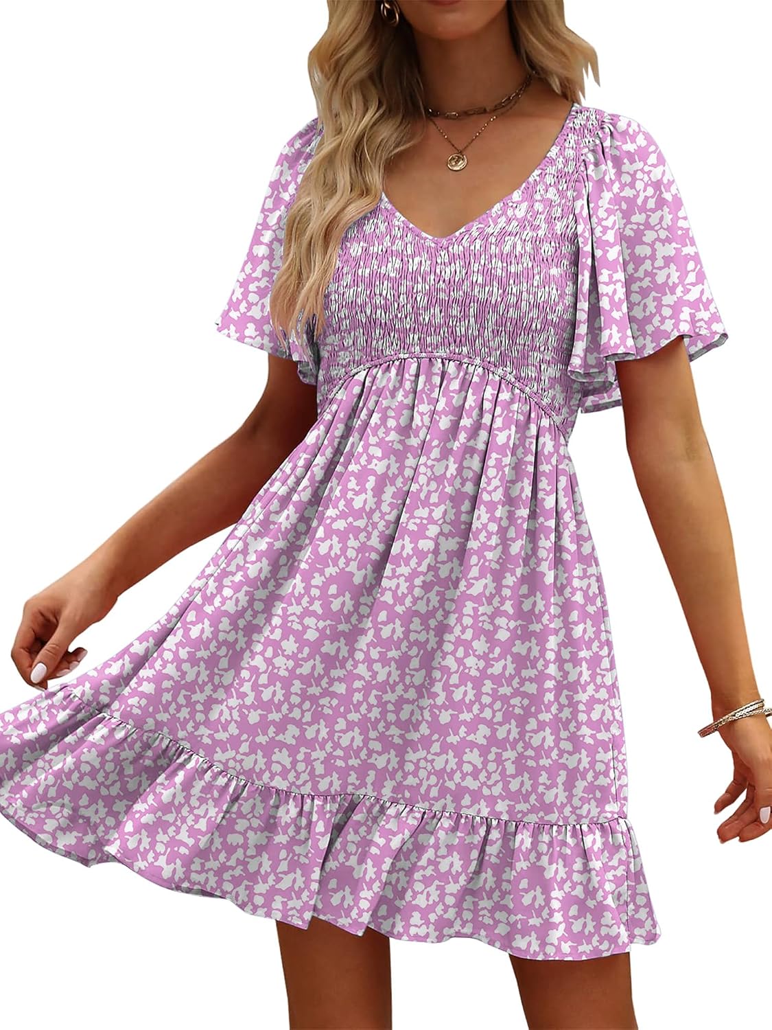UEAL Womens Floral Smocked V Neck Casual Summer Sun Dresses | Aline, Pockets, Flowy, Cute, Empire Wiast, Flutter Sleeve, Knee Length, Bump Friendly, Beach Vacation, Resort Wear