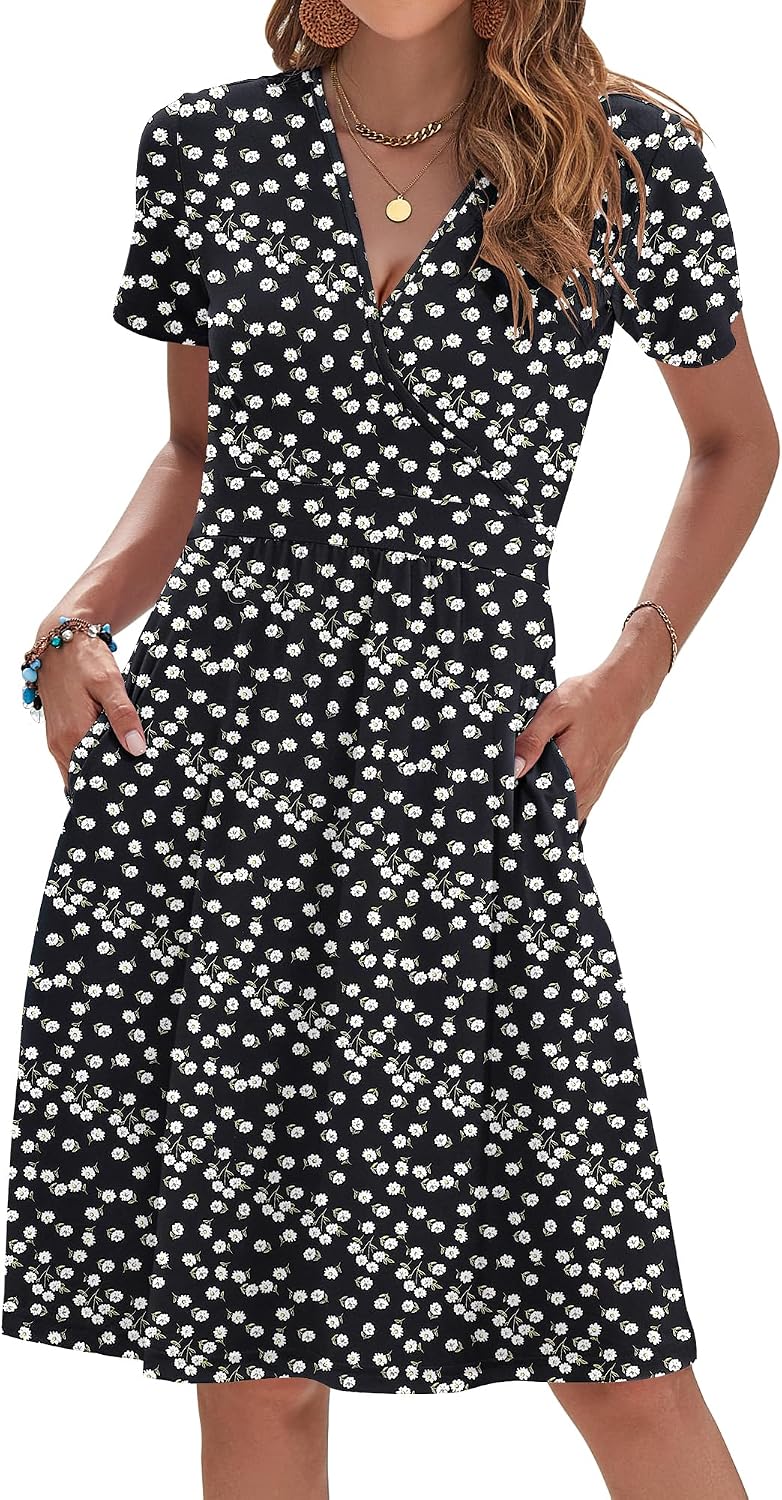 AUSELILY Womens Summer Dresses 2026 Short Sleeve V Neck Faux Wrap Dress | Surplice front, Pockets set into the skirt, Vacation dress for sightseeing, Style low heels with simple jewelry