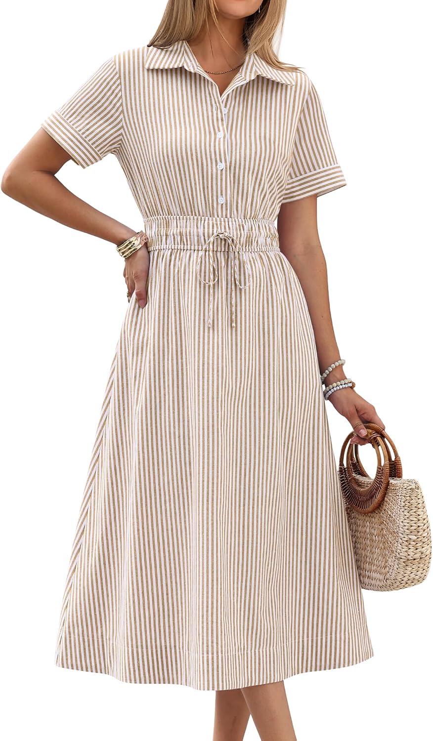 ANRABESS Women Summer Short Sleeve Midi Dress, Striped & Gingham, Casual A-Line Button Collar Shirt Dress, Beach & Vacation