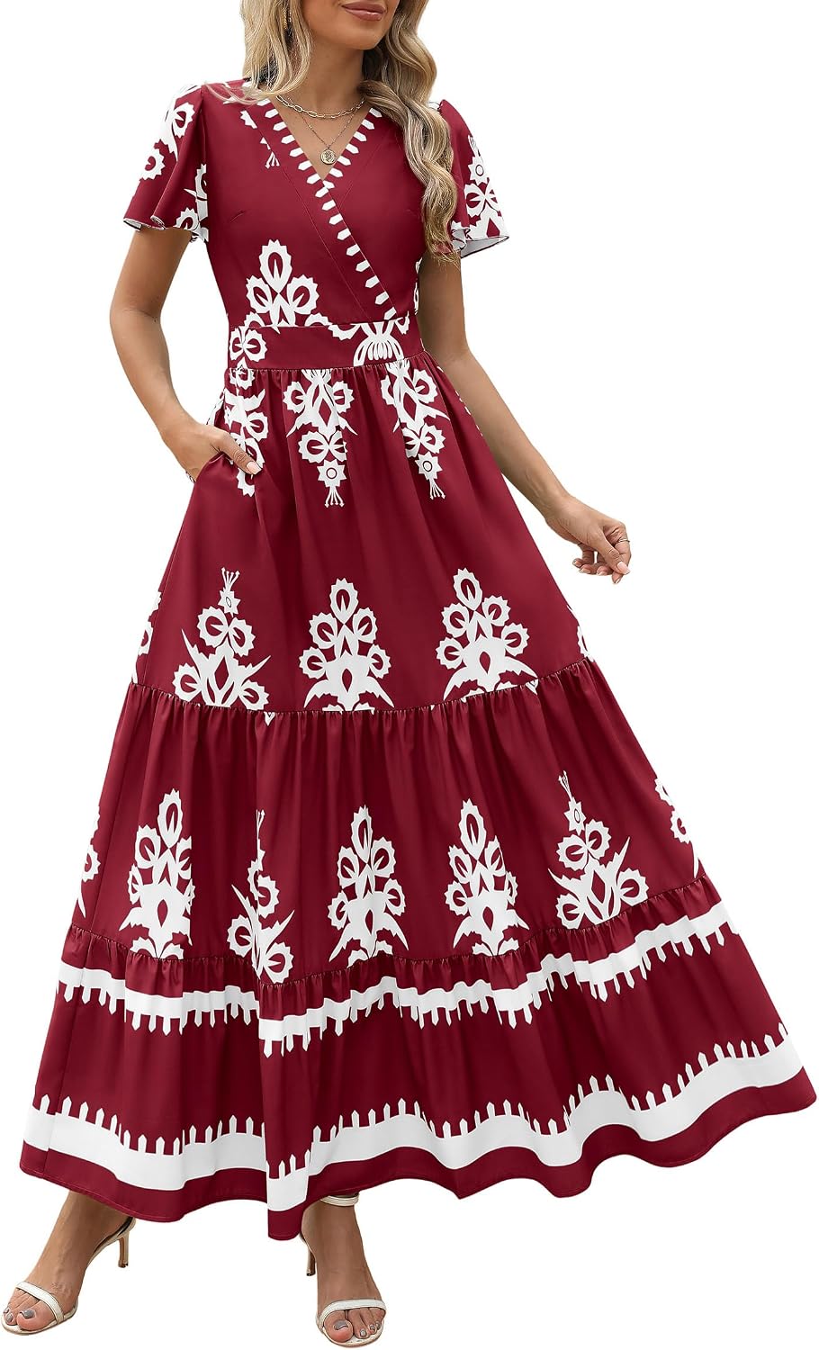 PRETTYGARDEN Womens Floral Boho Maxi Dress | Flutter Short Sleeve,Vneck Wrap,Tiered Ruffle,A Line Flowy Dresses,with Pockets,Summer Wedding Guest Beach Vacation Clothes