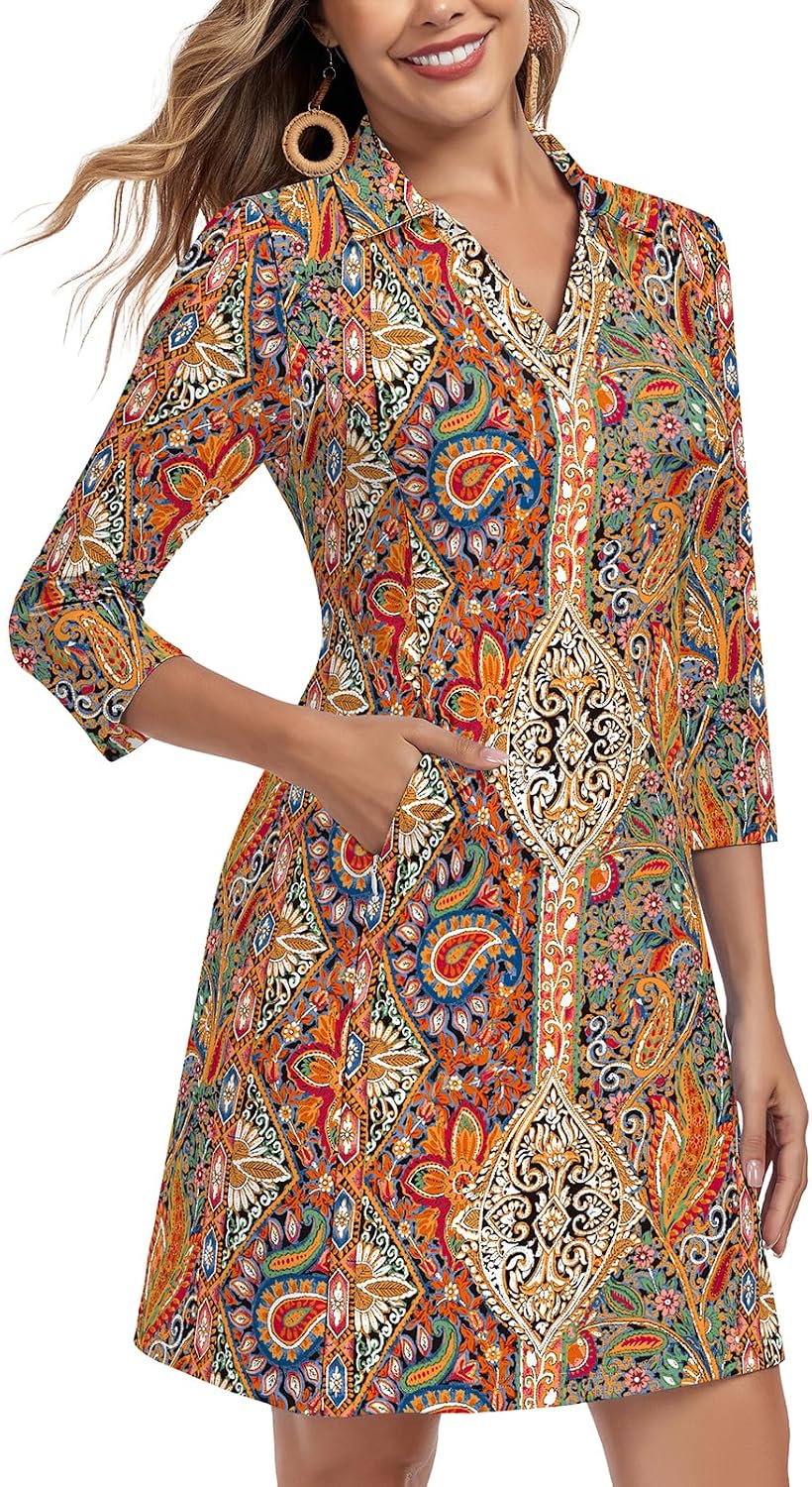 Soneven Women's 3\/4 Sleeve Dress with Pockets UPF 50+ Sun Dress Breathable Quick Dry Beach Cover Ups