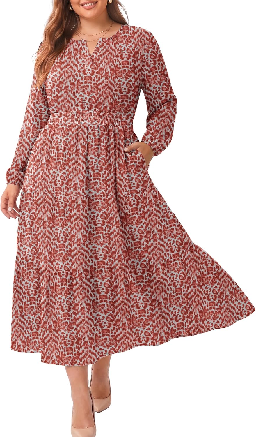 OLRIK Plus Size Fall Maxi Dress for Curvy Women Long Sleeve Pockets | Smocked Waist Tiered Skirt Deep Pockets Autumn Boho Maxi Dress for Wedding Guest Family Photo Teacher or Work Casual