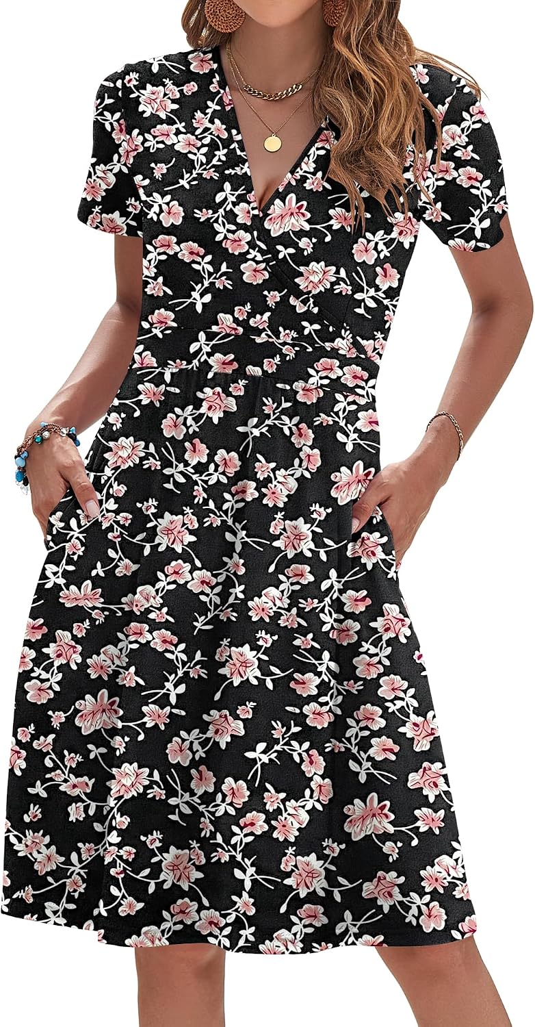 AUSELILY Womens Summer Dresses 2026 Short Sleeve V Neck Faux Wrap Dress | Surplice front, Pockets set into the skirt, Vacation dress for sightseeing, Style low heels with simple jewelry