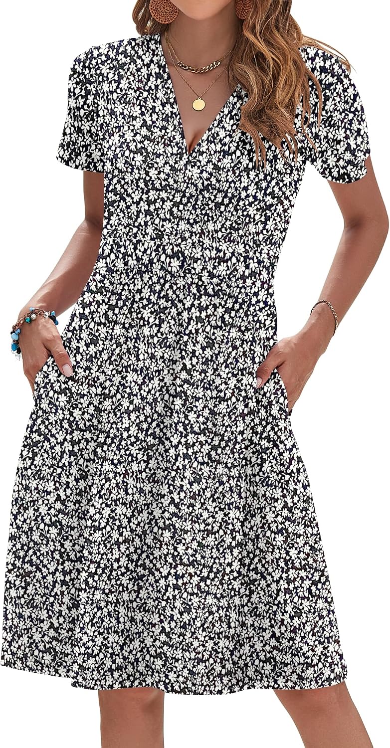AUSELILY Womens Summer Dresses 2026 Short Sleeve V Neck Faux Wrap Dress | Surplice front, Pockets set into the skirt, Vacation dress for sightseeing, Style low heels with simple jewelry