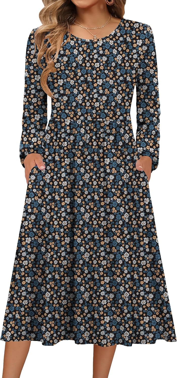 Zeagoo Long Sleeve Dresses for Women 2026 Fall Winter Casual Flowy A-Line Boho Midi Party Long Dress with Pockets