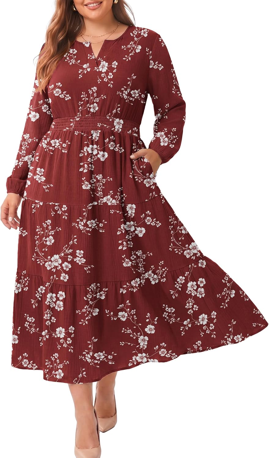 OLRIK Plus Size Fall Maxi Dress for Curvy Women Long Sleeve Pockets | Smocked Waist Tiered Skirt Deep Pockets Autumn Boho Maxi Dress for Wedding Guest Family Photo Teacher or Work Casual