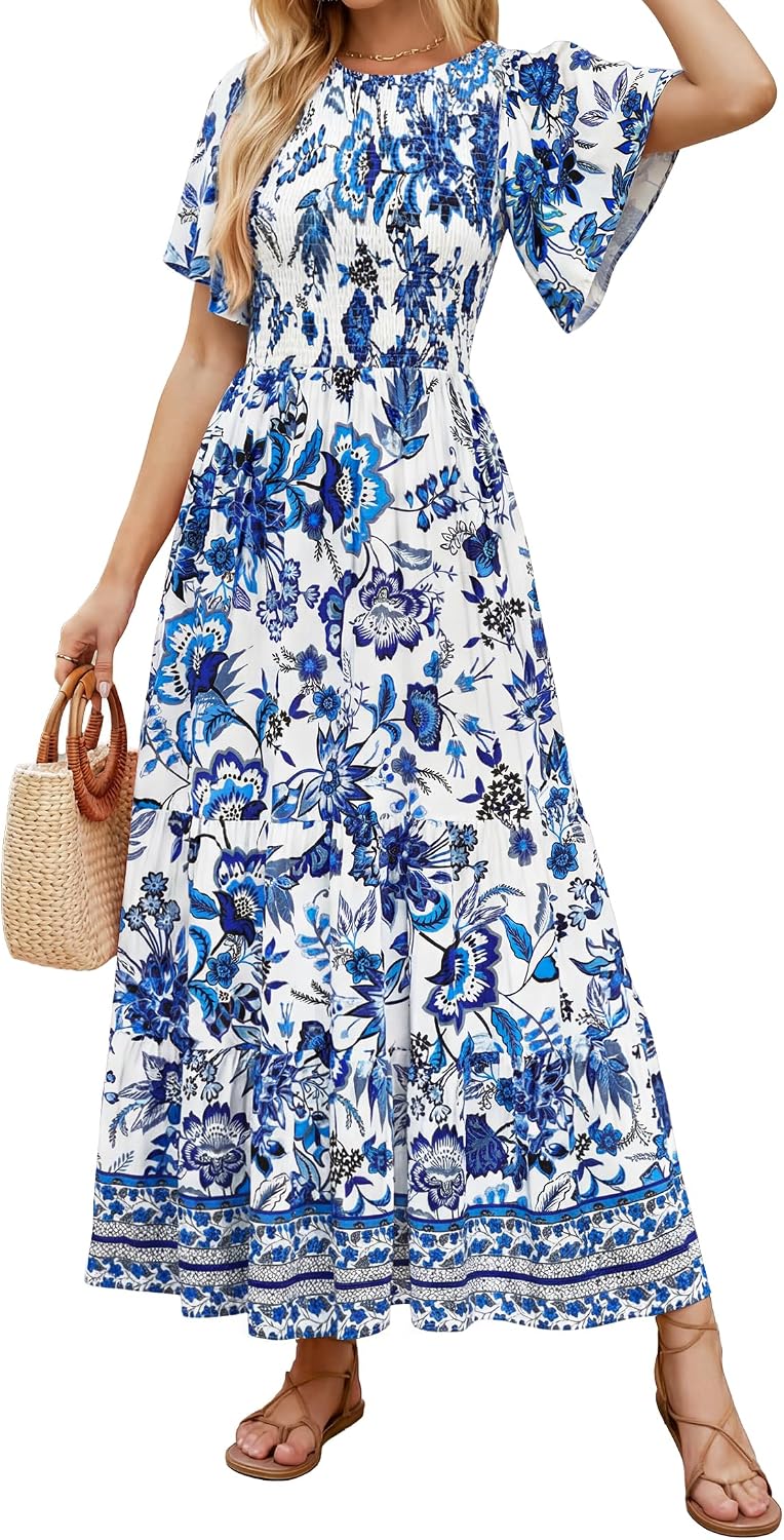 ZESICA Women's Summer Boho Floral Smocked Short Sleeve Maxi Dress | Tiered, Flowy, Elastic Waist, 2026 Casual Wedding Guest Date Holiday Beach Vacation Long Dresses