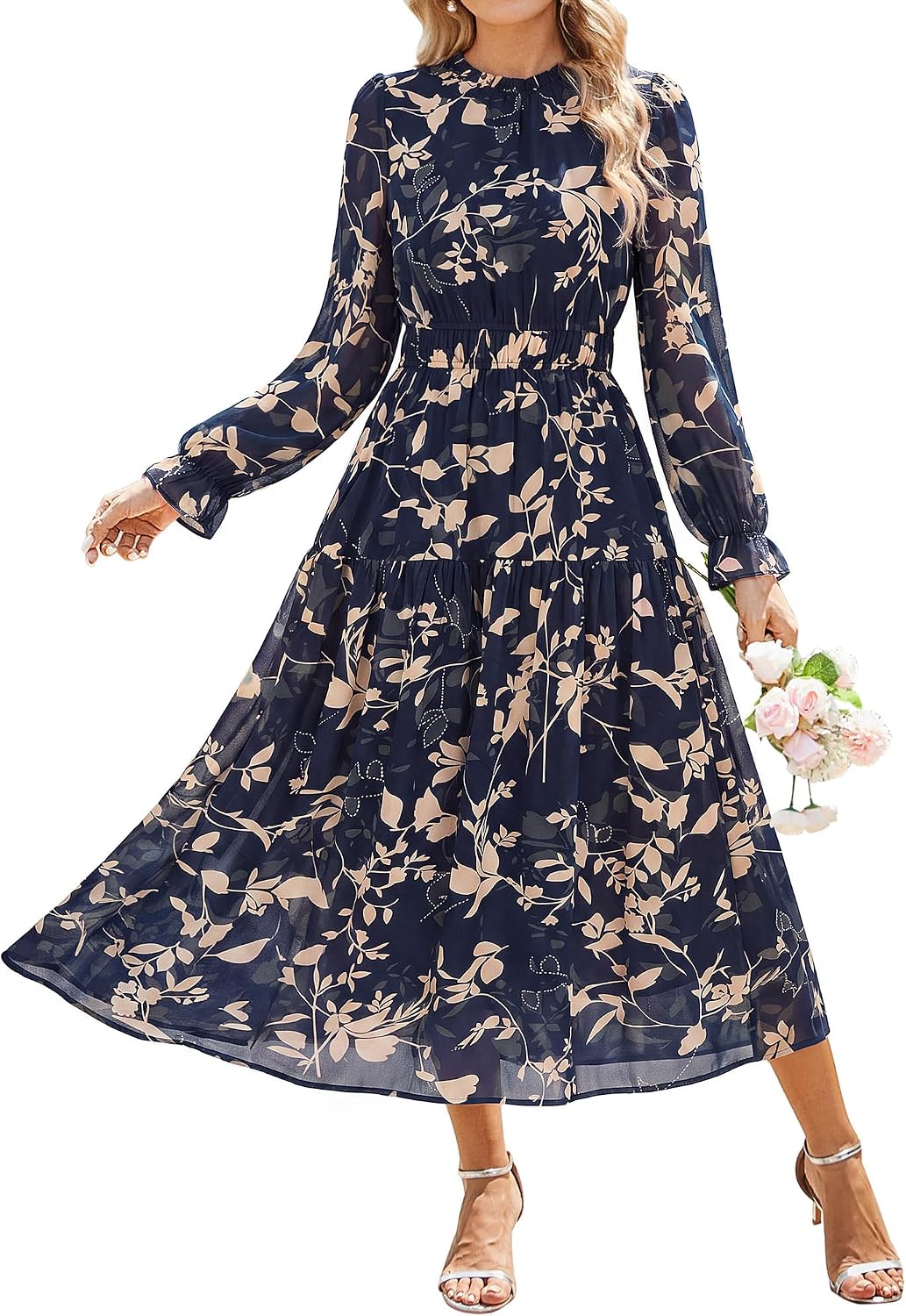 GRACE KARIN Women's Floral Long Sleeve Fall Wedding Guest Maxi Dress | 2026 Chiffon,Side Pockets,Mock Neck,Smocked Tieded,A Line Flowy Outfits Suitable for Semi Formal\/Party\/Cocktail\/Boho