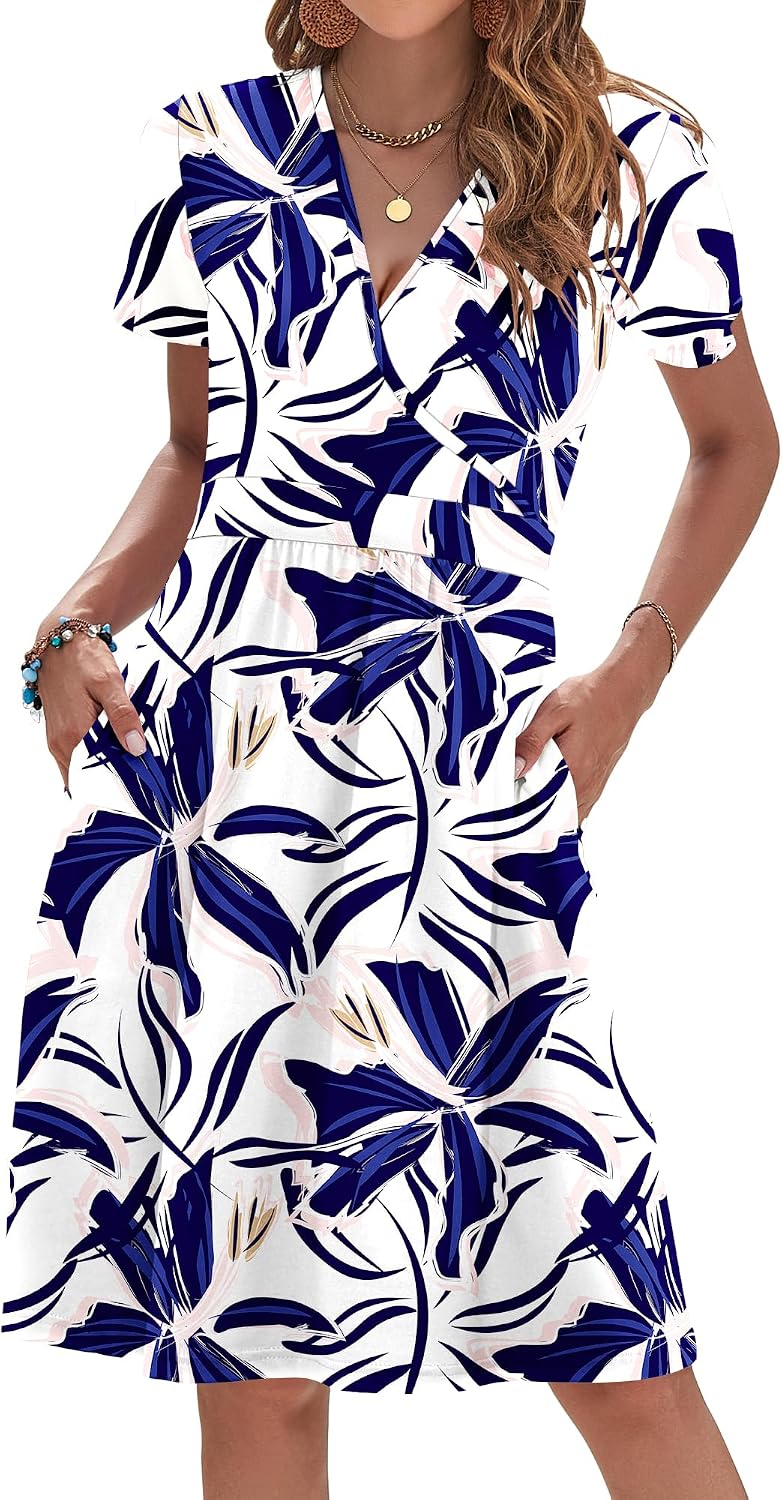 AUSELILY Womens Summer Dresses 2026 Short Sleeve V Neck Faux Wrap Dress | Surplice front, Pockets set into the skirt, Vacation dress for sightseeing, Style low heels with simple jewelry