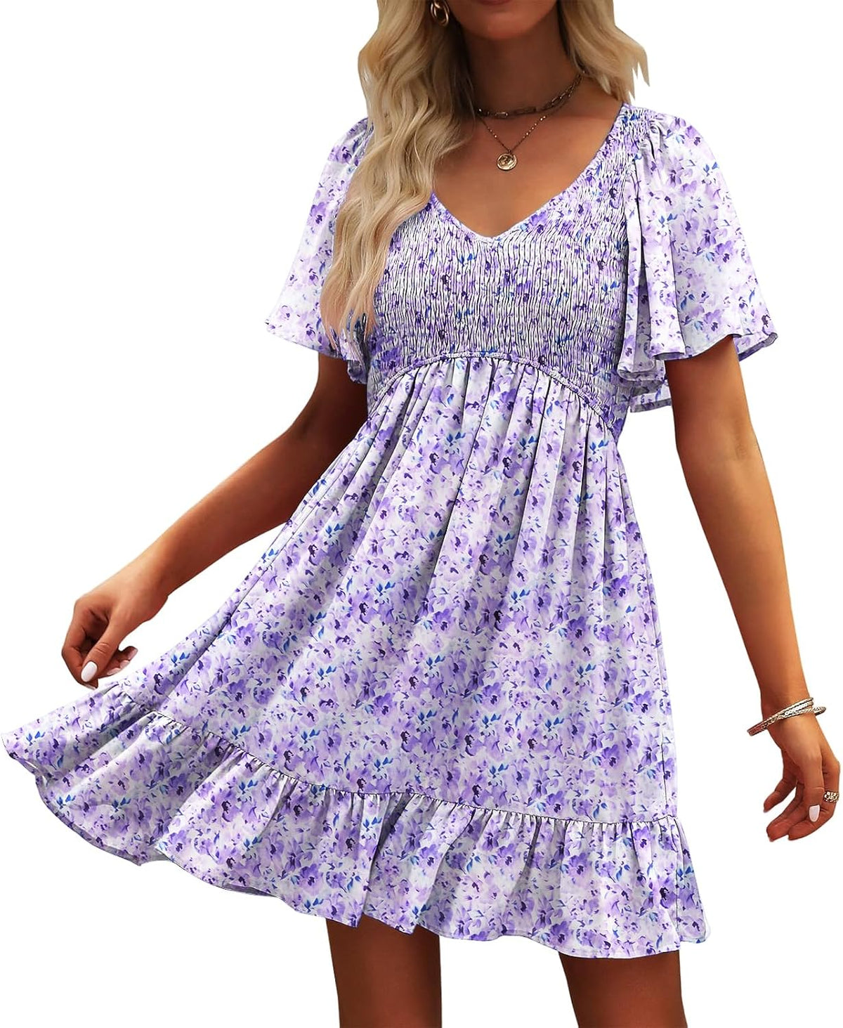 UEAL Womens Floral Smocked V Neck Casual Summer Sun Dresses | Aline, Pockets, Flowy, Cute, Empire Wiast, Flutter Sleeve, Knee Length, Bump Friendly, Beach Vacation, Resort Wear