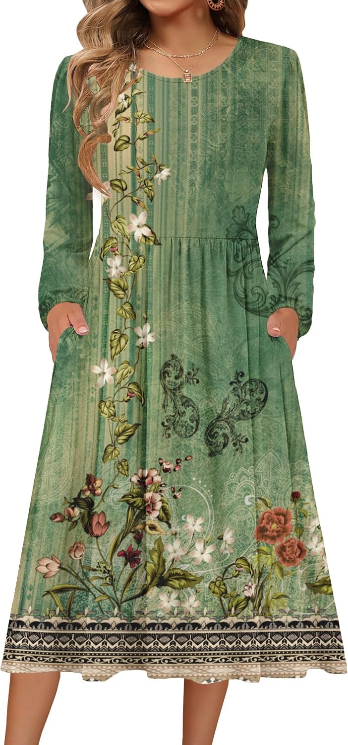 Zeagoo Long Sleeve Dresses for Women 2026 Fall Winter Casual Flowy A-Line Boho Midi Party Long Dress with Pockets